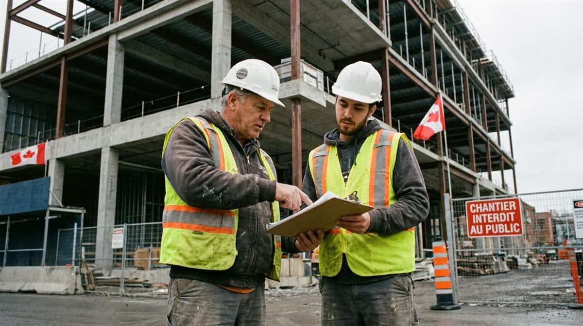 Retenues source sous-traitants Québec : entrepreneur général et sous-traitant révisant des documents sur un chantier