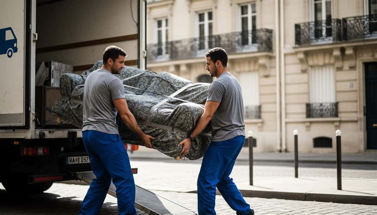 Équipe d'une entreprise de déménagement chargeant un canapé emballé dans un camion en ville