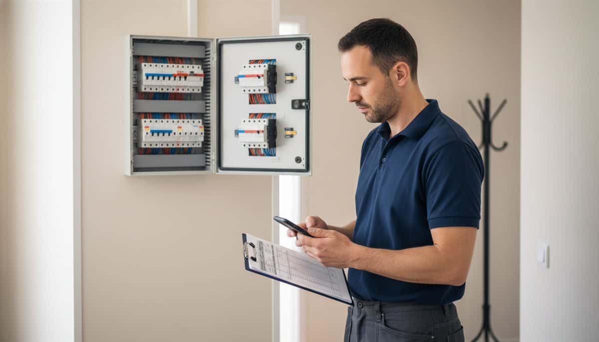 Électricien vérifiant les chiffres d'un devis sur son téléphone devant un tableau électrique ouvert, entreprise d'électricité