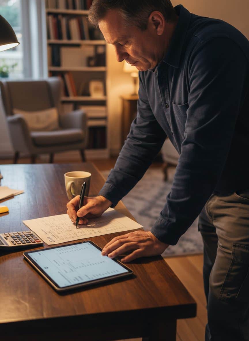 Électricien préparant le soir le devis détaillé de son entreprise d’électricité, tablette, calculatrice et notes chiffrées sur la table