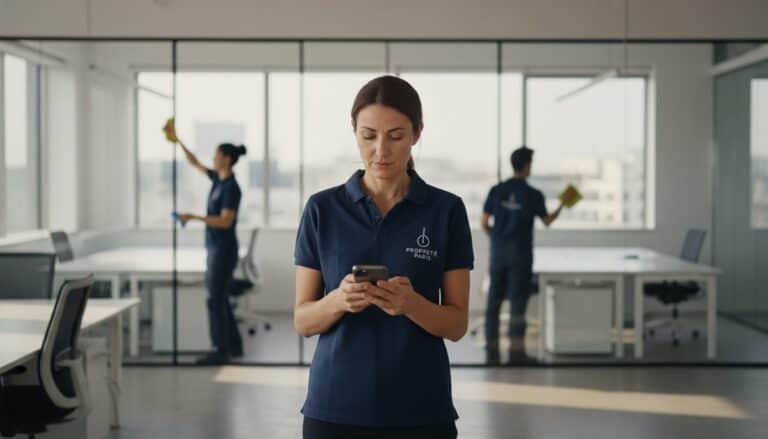 Dirigeante d'une entreprise de nettoyage vérifie son planning sur téléphone pendant que deux agents nettoient un bureau.