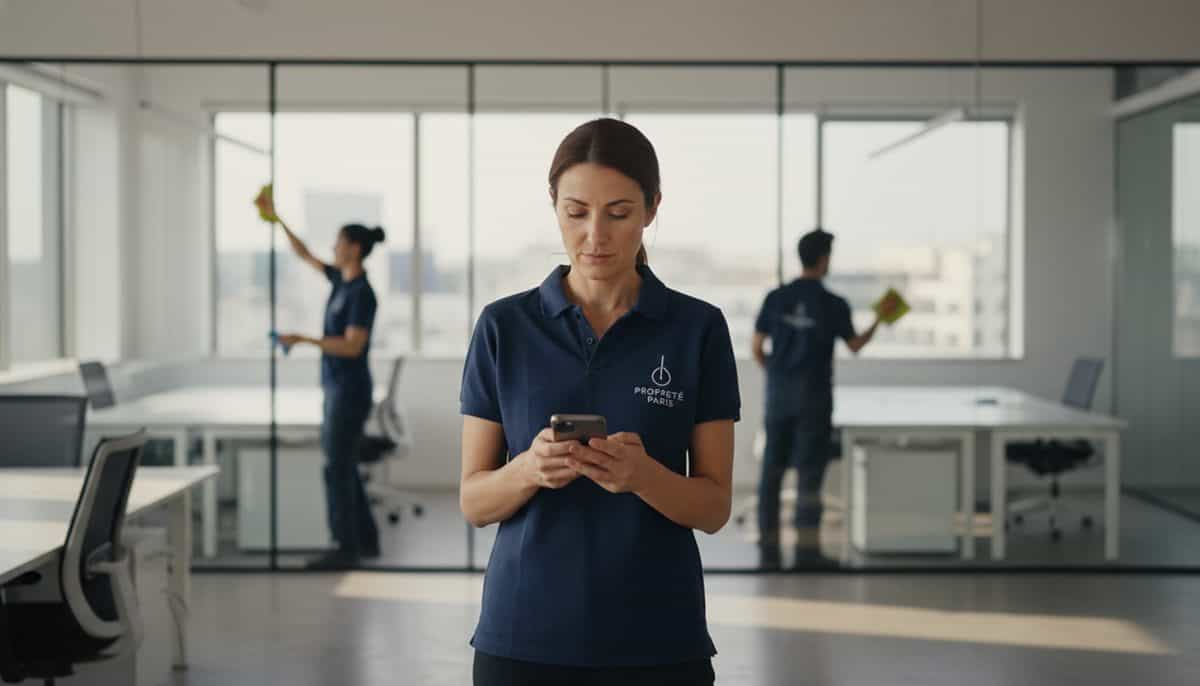 Dirigeante d'une entreprise de nettoyage vérifie son planning sur téléphone pendant que deux agents nettoient un bureau.