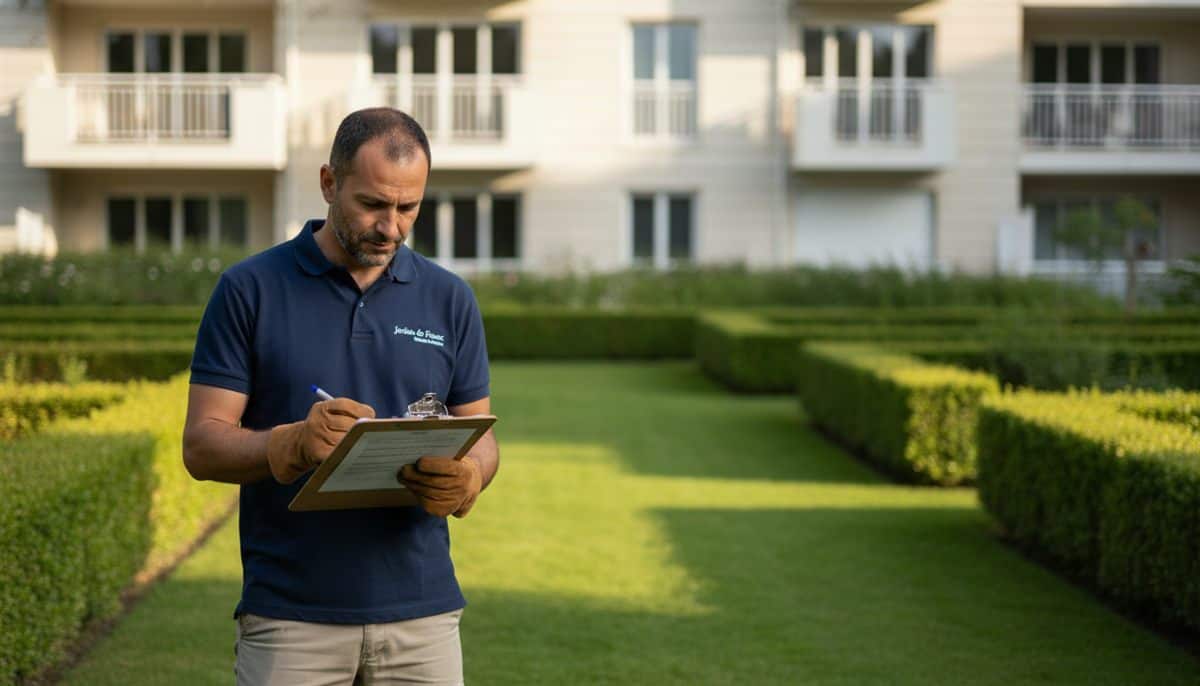 Paysagiste vérifiant un planning d'entretien dans le jardin d'une copropriété, illustrant la gestion d'une entreprise de paysagisme