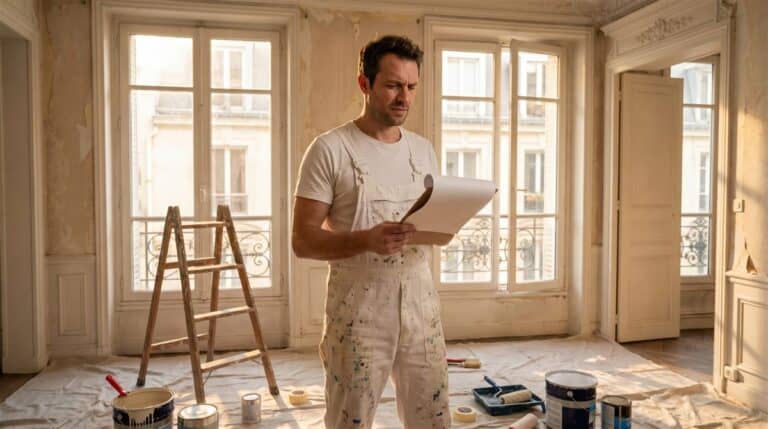 Artisan peintre en bâtiment vérifiant le devis d'un chantier dans un appartement haussmannien rénové