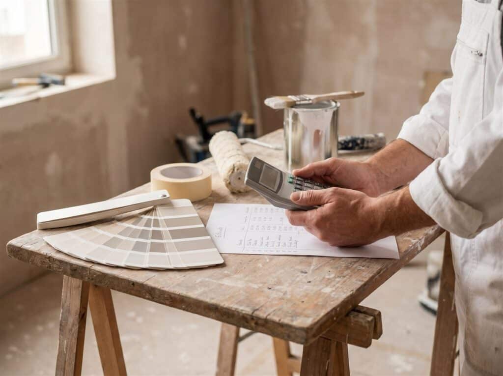 Mains d'un peintre calculant le coût de revient d'un chantier avec une calculatrice et un devis détaillé
