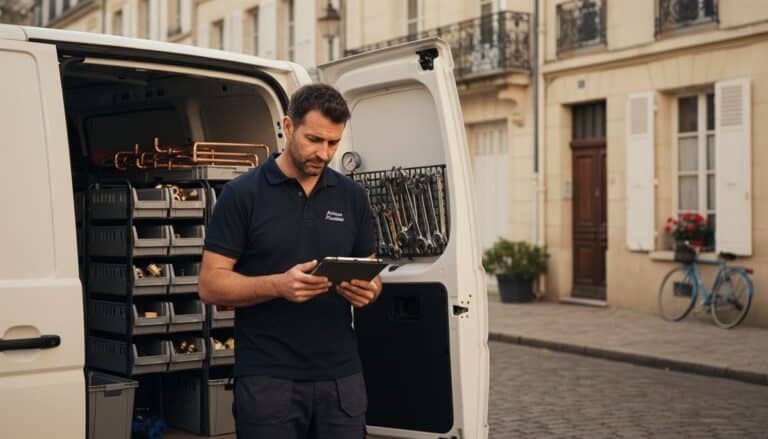 Plombier français consultant une tablette à l'arrière de son utilitaire, fin d'après-midi