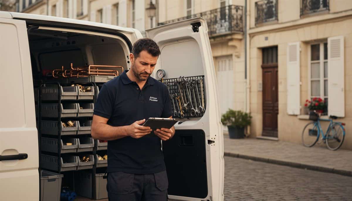 Plombier français consultant une tablette à l'arrière de son utilitaire, fin d'après-midi