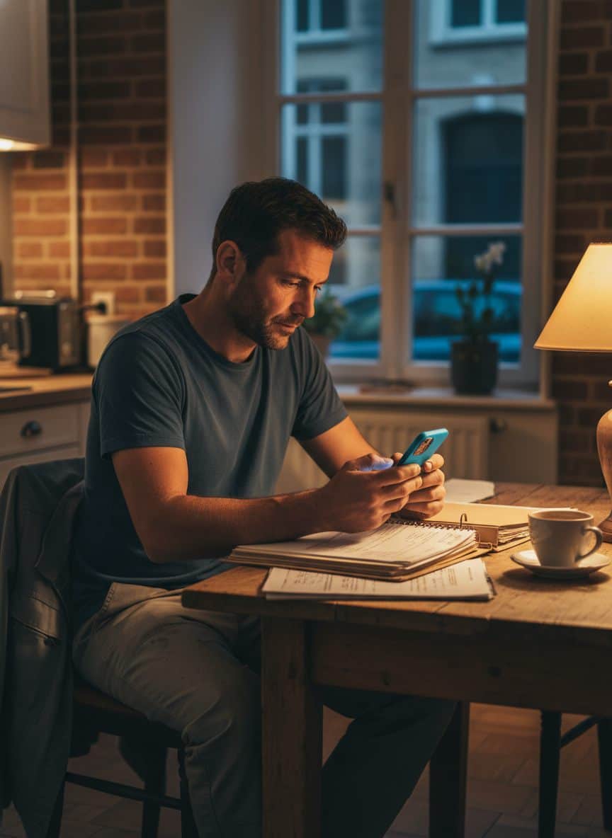 Plombier vérifiant un devis le soir — gestion d'une entreprise de plomberie rentable