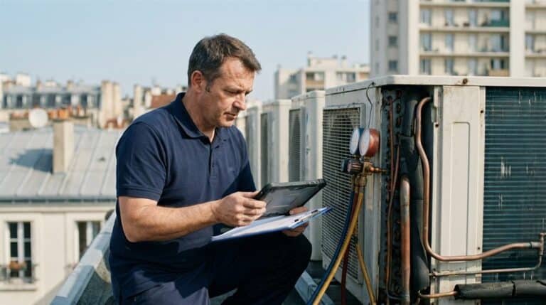 Technicien d'une entreprise de climatisation inspectant des unités de condensation commerciales sur un toit avec un manomètre et une tablette