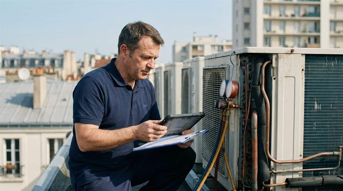 Technicien d'une entreprise de climatisation inspectant des unités de condensation commerciales sur un toit avec un manomètre et une tablette