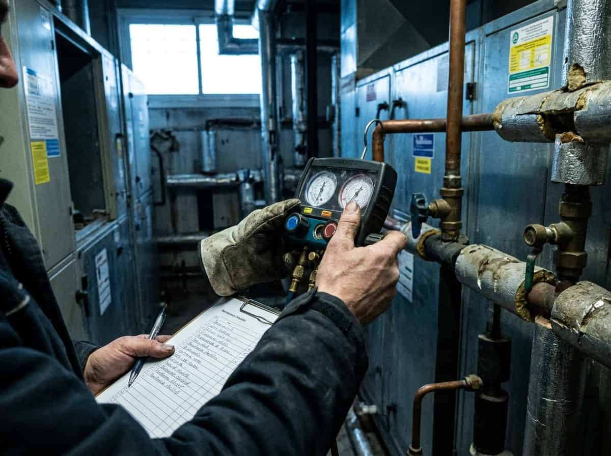 Climaticien vérifiant une pompe à chaleur commerciale avec un manomètre numérique et une checklist de maintenance en chaufferie.
