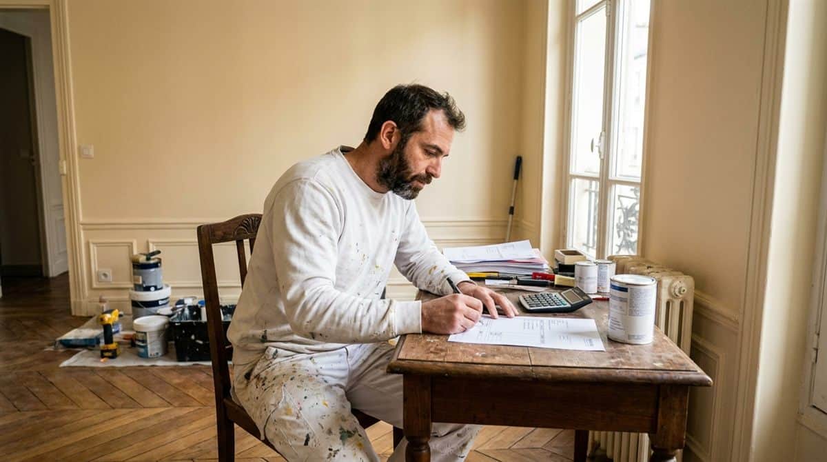 Artisan peintre français préparant une facture avec taux de TVA réduit sur un chantier de rénovation