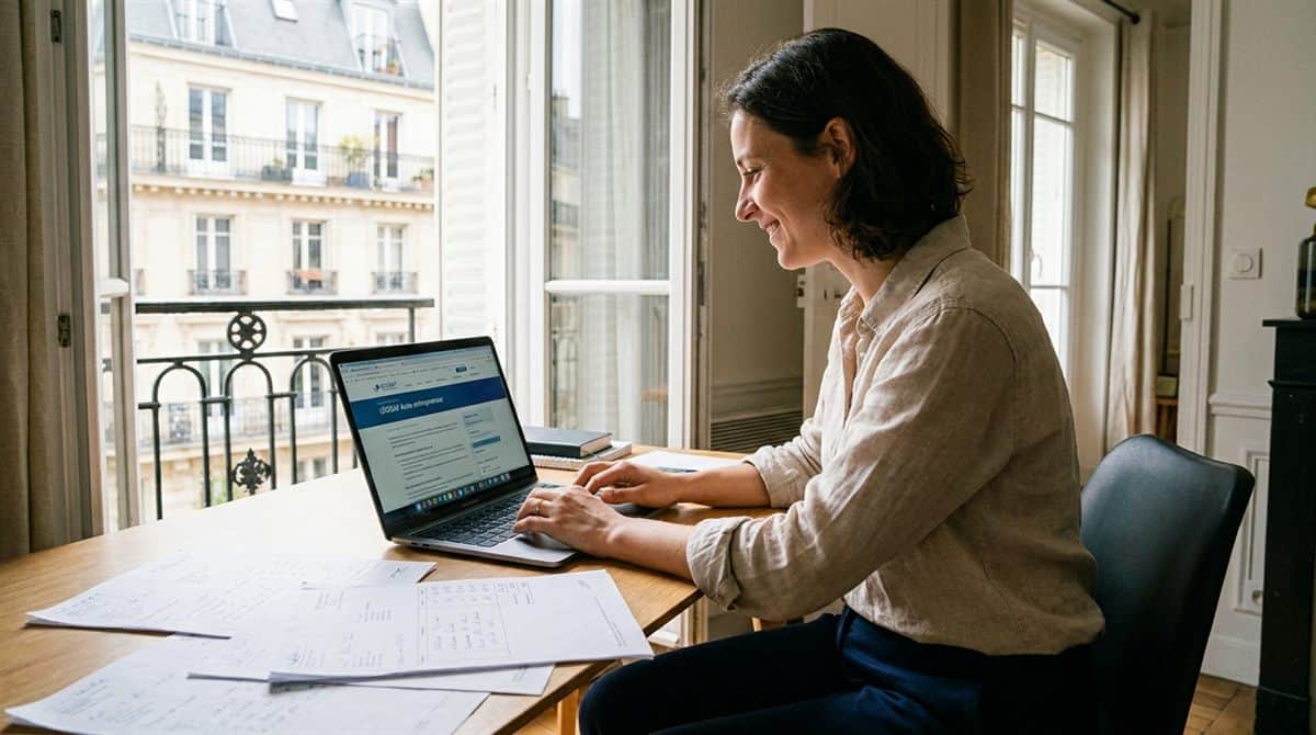 Auto-entrepreneuse artisan française déclarant son chiffre d’affaires en ligne sur le portail URSSAF