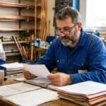 Artisan plombier français révisant ses documents d’assurance RC Pro dans son atelier