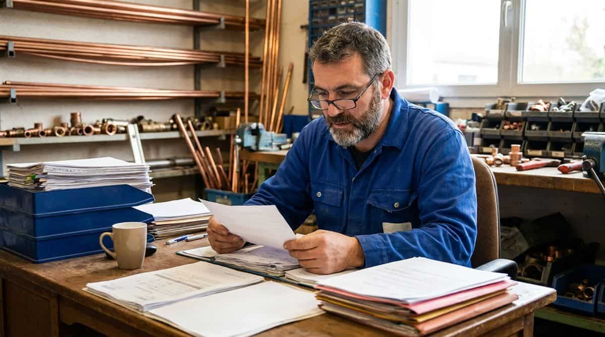 Artisan plombier français révisant ses documents d’assurance RC Pro dans son atelier