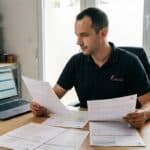 Artisan électricien français comparant les régimes micro-BIC et réel simplifié à son bureau