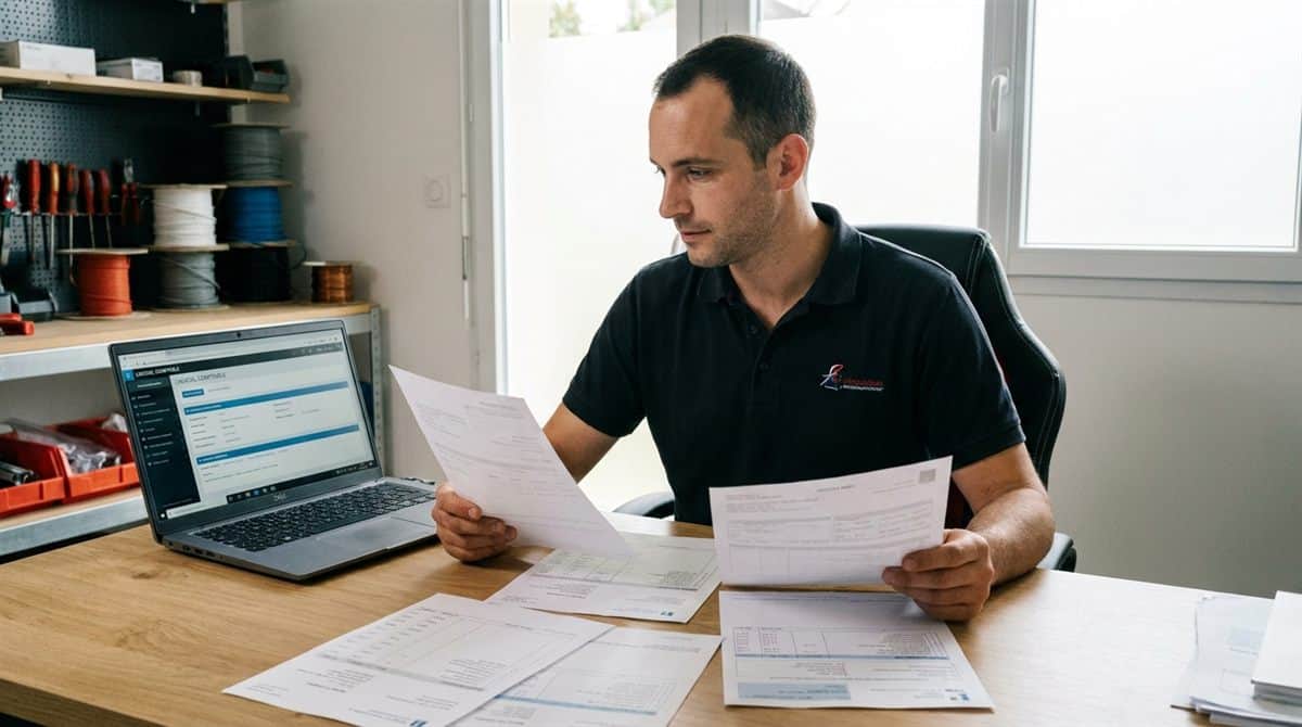 Artisan électricien français comparant les régimes micro-BIC et réel simplifié à son bureau