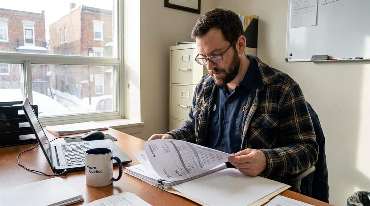 Entrepreneur quebecois revisant des documents d assurance dans son bureau