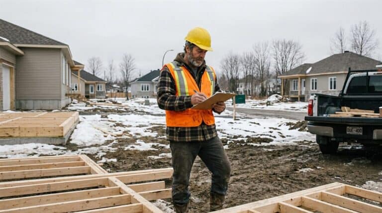 Travailleur de construction quebecois avec casque et dossard effectuant une inspection de securite sur un chantier