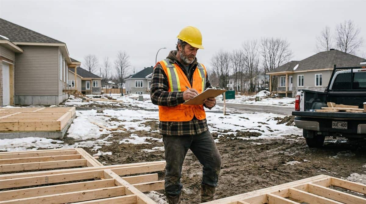 Travailleur de construction quebecois avec casque et dossard effectuant une inspection de securite sur un chantier