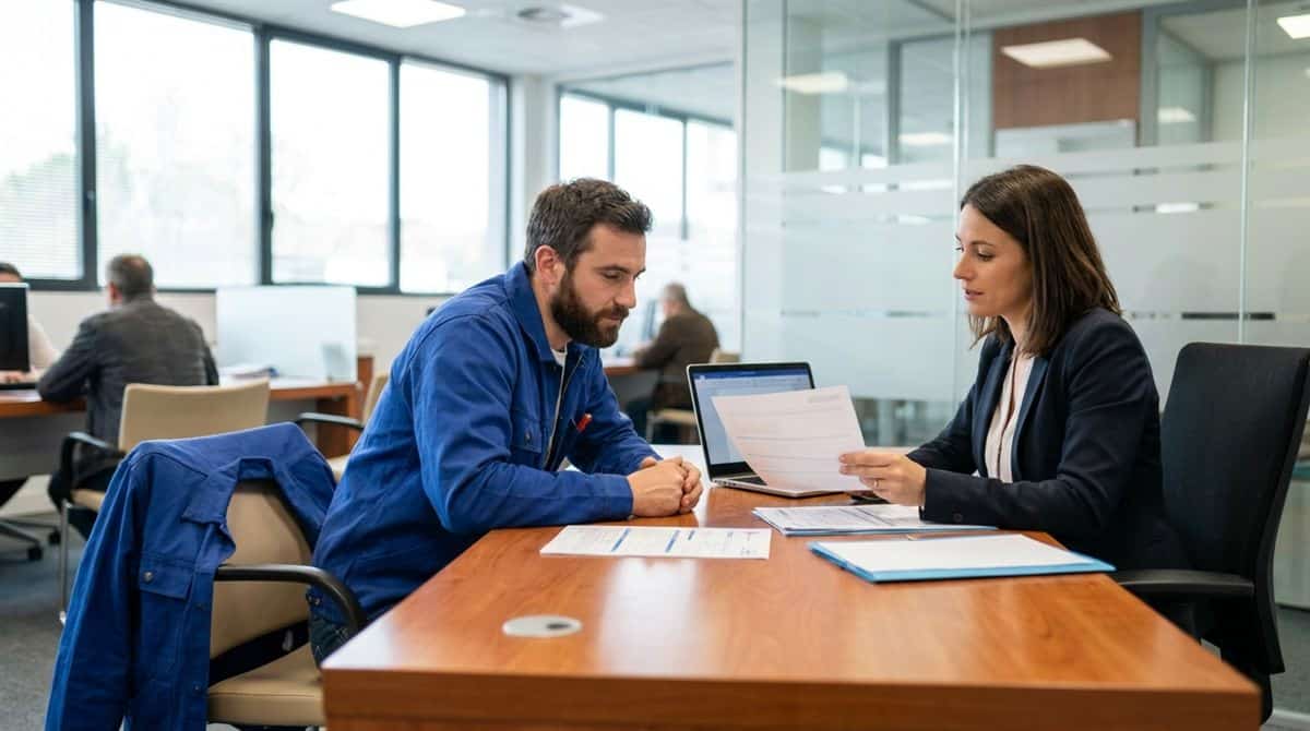 Artisan electricien francais en rendez-vous a la banque pour ouvrir un compte professionnel