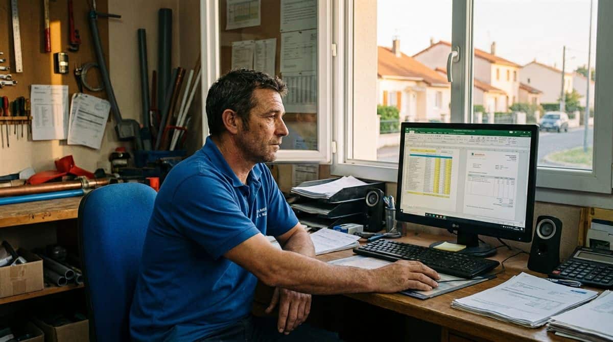 Artisan plombier francais consultant ses documents financiers a son bureau dans un atelier
