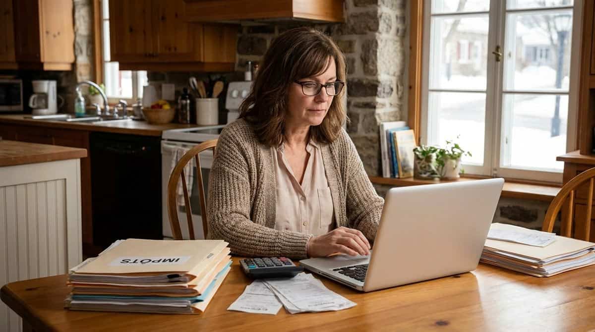Entrepreneure quebecoise preparant sa declaration de revenus avec documents fiscaux et ordinateur portable