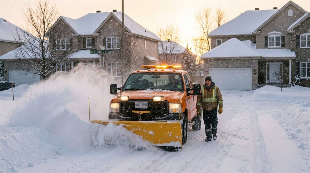 Operateur de deneigement residentiel avec camion et charrue dans un quartier du Quebec en hiver