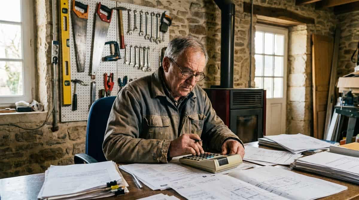 Artisan batiment calculant ses prix et marges a son bureau dans un atelier en France