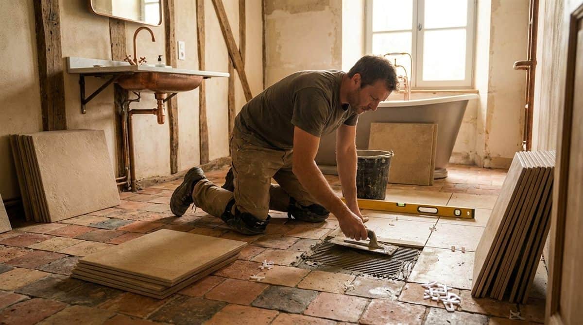 Carreleur posant des carreaux au sol dans une cuisine en renovation en France