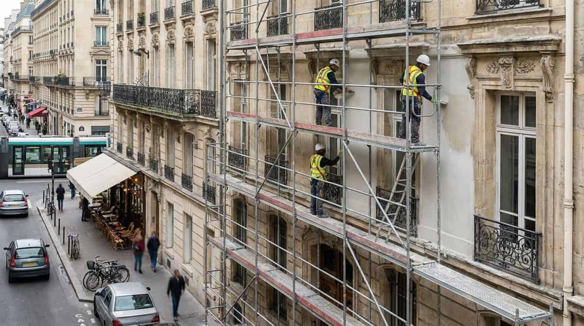 Ouvriers sur echafaudage appliquant un enduit sur la facade d'un immeuble en France