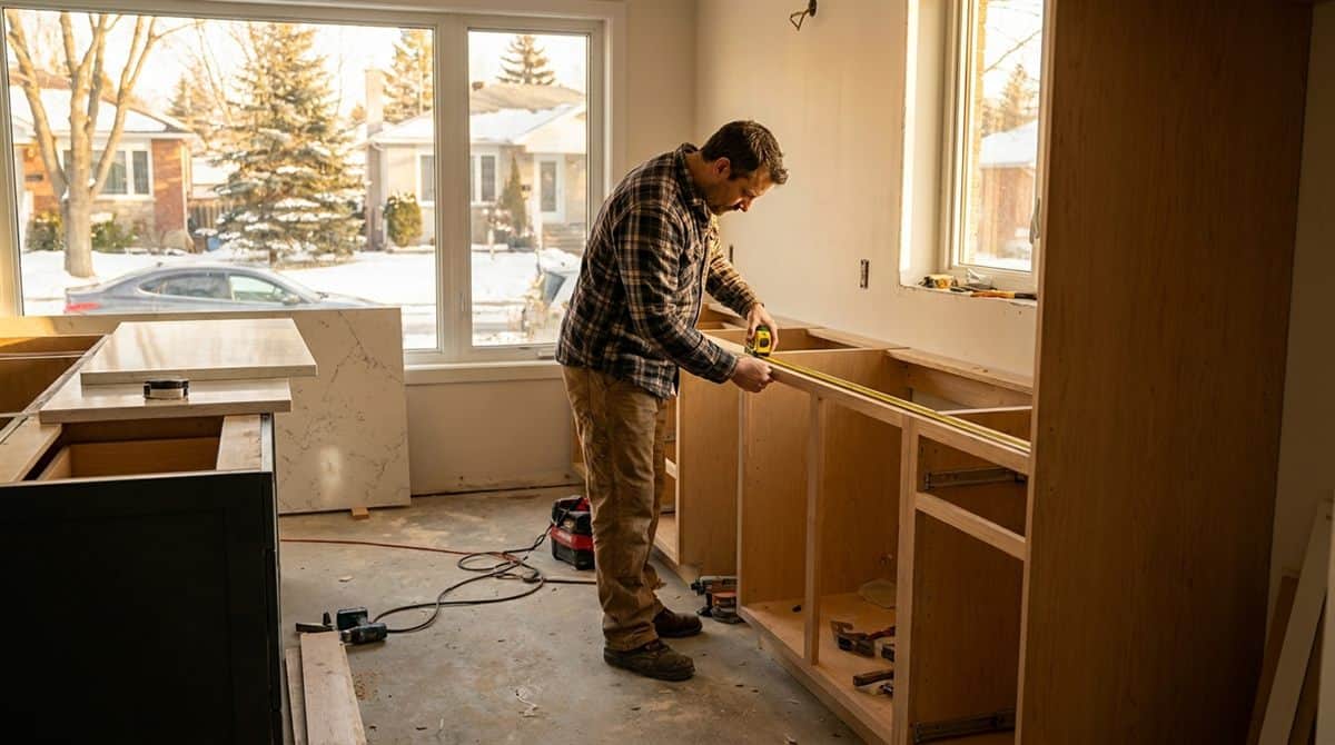 Entrepreneur mesurant des armoires pendant une renovation de cuisine au Quebec