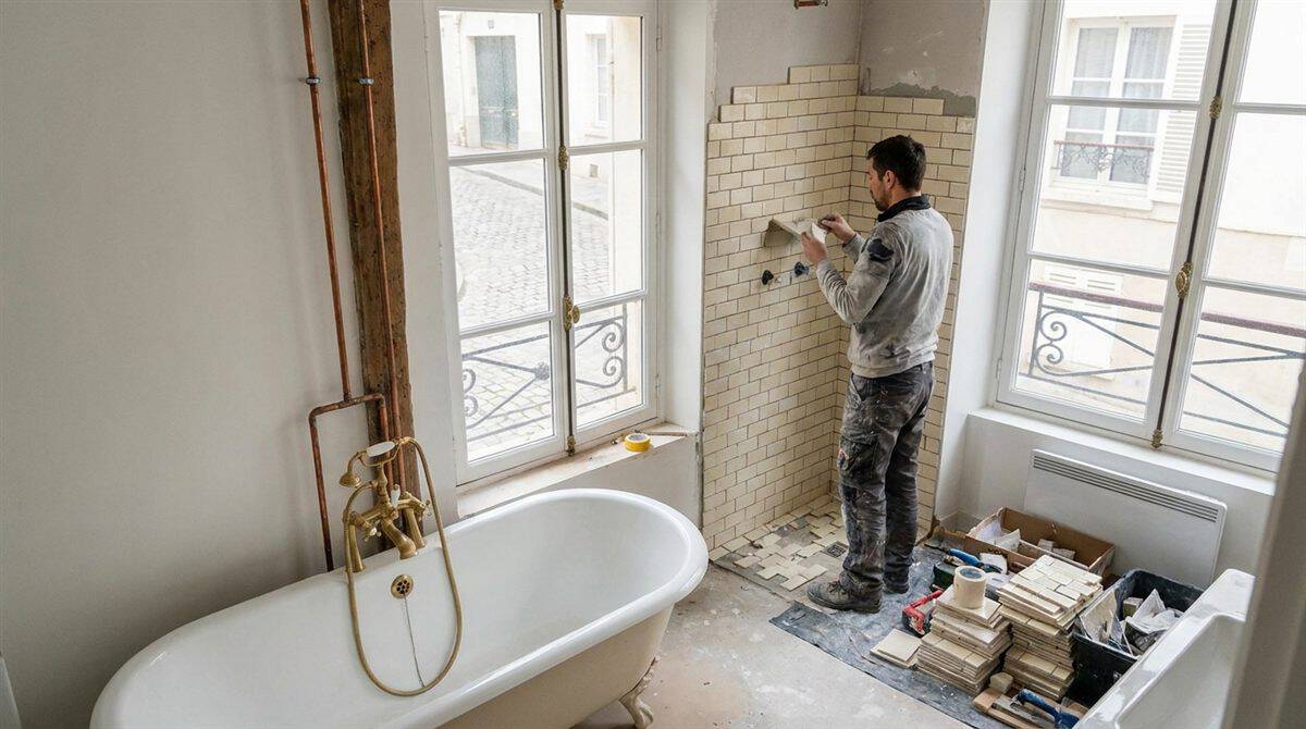 Artisan posant du carrelage dans une salle de bain en renovation dans un appartement francais