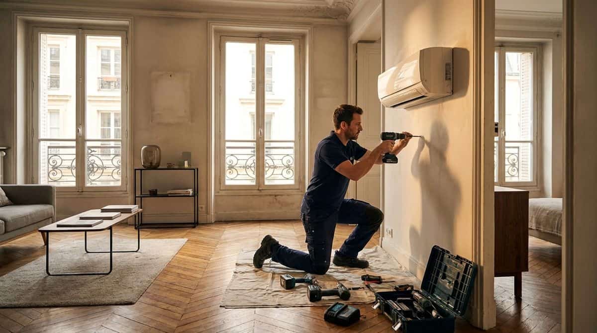 Technicien climaticien installant une unite split dans un appartement en France