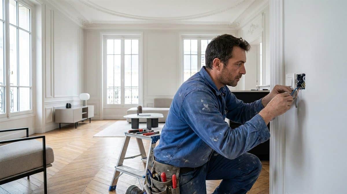 Electricien auto-entrepreneur installant une prise dans un appartement parisien au parquet en chevrons