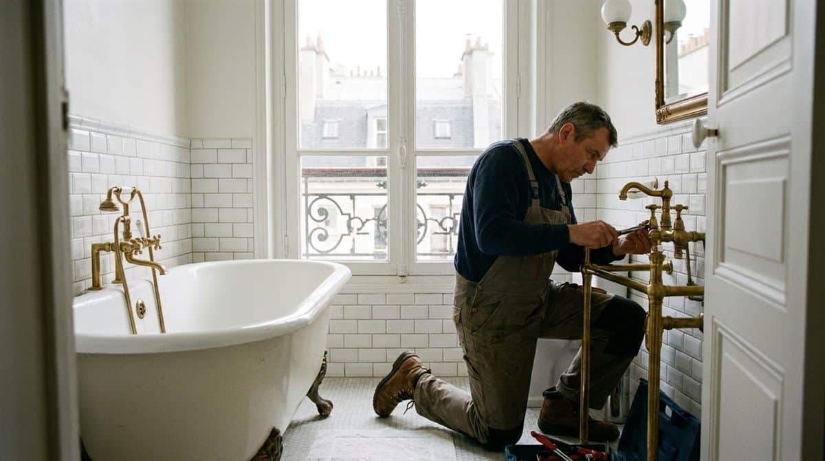 Plombier artisan reparant un lavabo dans un appartement francais avec robinetterie en laiton