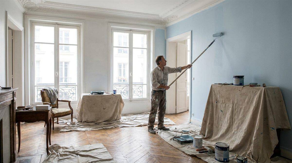 Peintre professionnel avec rouleau dans un appartement europeen en renovation