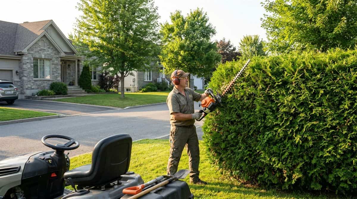Paysagistes professionnels tondant et taillant dans une cour residentielle au Quebec en ete