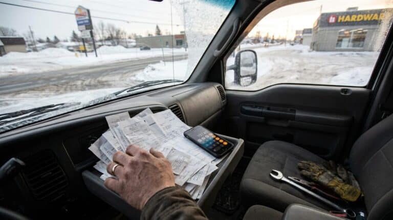 Entrepreneur quebecois organisant ses recus et factures dans la cabine de son camion de travail