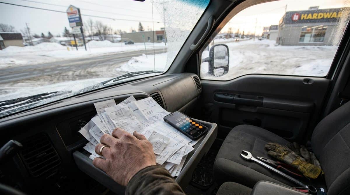Entrepreneur quebecois organisant ses recus et factures dans la cabine de son camion de travail