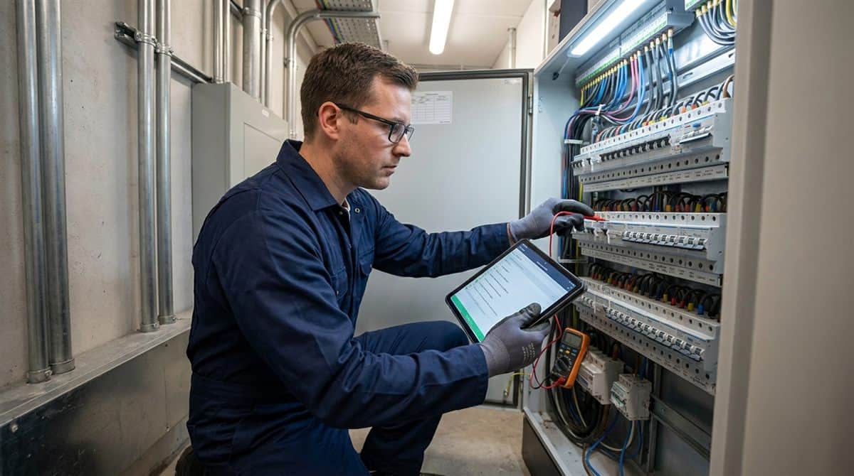Électricien français en maintenance préventive d'un tableau électrique commercial, tablette de check-list à la main.