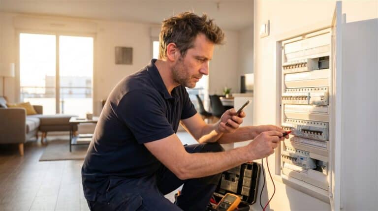 Électricien français relevant un diagnostic devant un tableau électrique ouvert