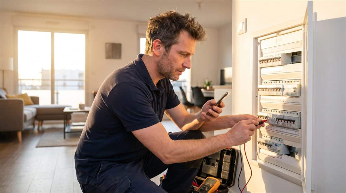 Électricien français relevant un diagnostic devant un tableau électrique ouvert