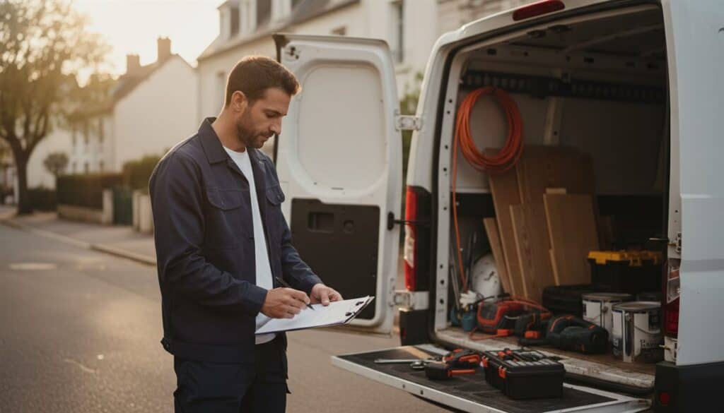 Artisan français vérifiant un devis sur sa tablette à l’arrière de sa camionnette
