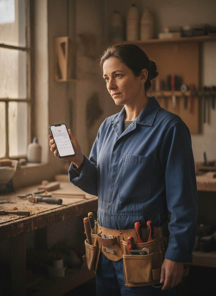 Artisane française consultant le planning de la semaine sur son téléphone dans son atelier