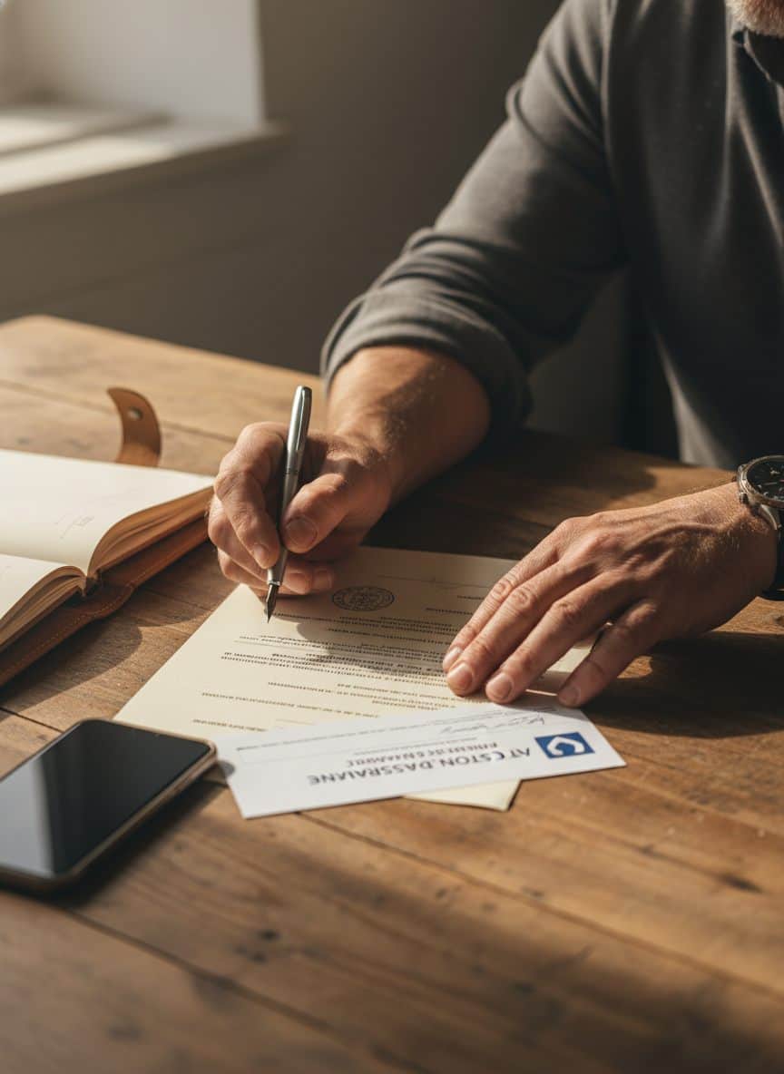 Mains d’un artisan signant une attestation d’assurance sur une table en bois