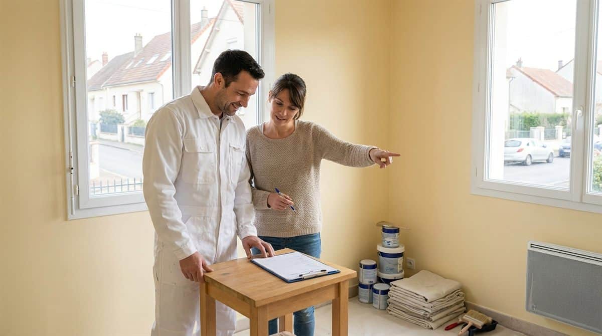 Un peintre et son client signent le procès-verbal de réception dans une pièce repeinte.