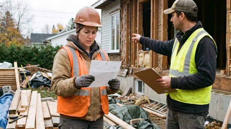 Entrepreneure québécoise sur un chantier de rénovation lisant un avis de correction pendant qu'un inspecteur montre la charpente