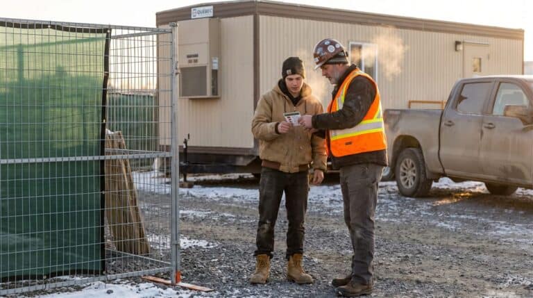 Surveillant vérifiant la carte ASP Construction d'un jeune travailleur à la barrière d'un chantier québécois au petit matin