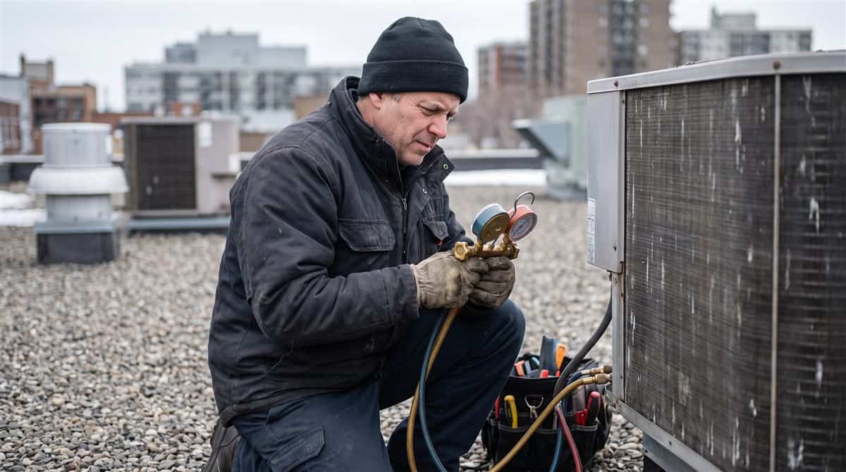 Frigoriste avec sa certification frigoriste Québec vérifie une unité de réfrigération commerciale au manomètre